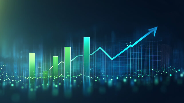 Digital financial stock market chart with glowing bar graphs and data analysis on a blue background.