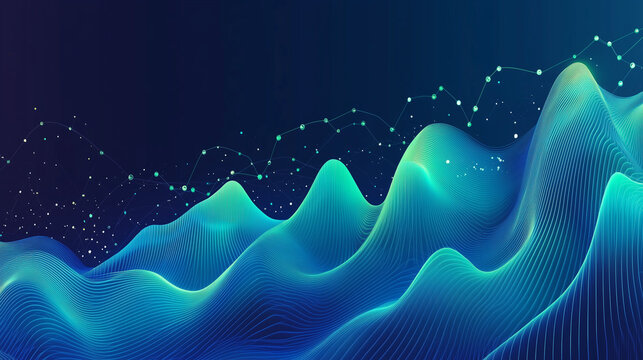 Abstract blue and green digital data wave on a dark background representing technology, analytics, and big data.