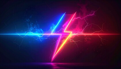 Stylized neon lightning bolt glowing in pink, purple, blue, and orange against dark smoky backdrop. Electric sparks radiate outward, evoking power, energy, and dynamic visual impact in digital art.