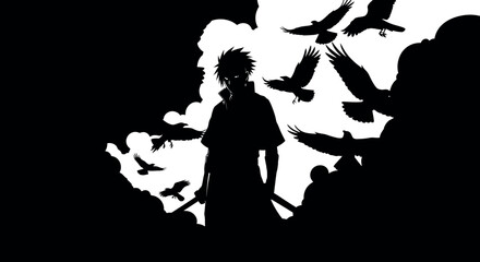 Dark Silhouette of Anime Warrior with Sword Surrounded by Flying Crows Against a Dramatic Cloud Background, Conceptual Illustration of Samurai, Ninja, or Revenge.