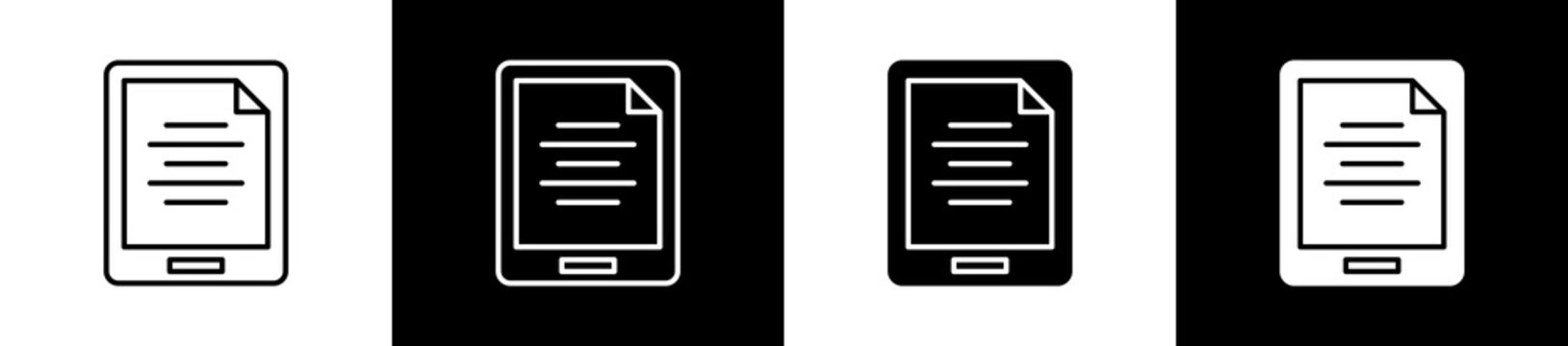 Ebook Reader icon set in line and glyph style on black and white background