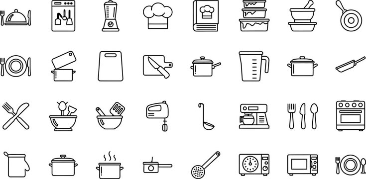 Collection of hand drawn kitchen and cooking utensil icons in a grid layout for culinary themes
