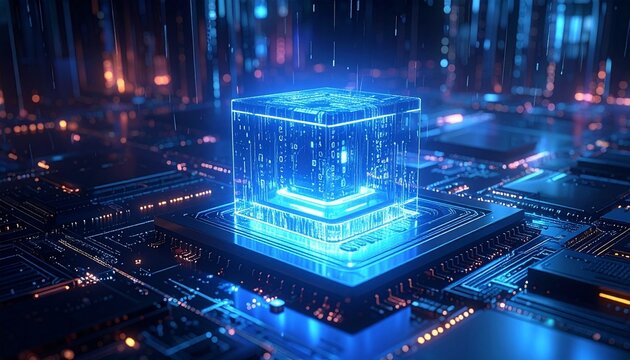 Stylized digital rendering of illuminated CPU on circuit board. Glowing blue-orange lights suggest active data flow, AI processing, and advanced computing infrastructure in a high-tech visual theme. - Powered by Adobe