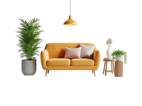 Cozy yellow sofa with plants and lamp isolated on transparent background - Powered by Adobe