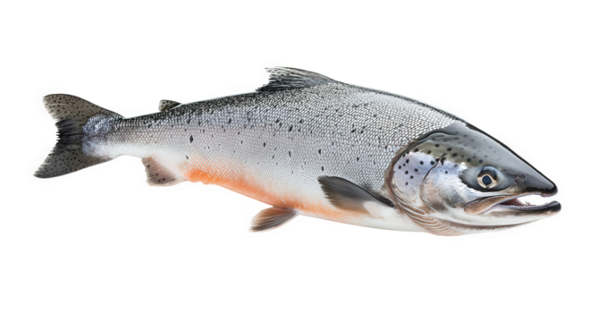 A closeup of a wild salmon, isolated on transparent background, showcasing its vibrant colors and streamlined body, a symbol of the beauty and abundance of the natural world