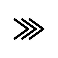 Right pointing triple arrows icon representing fast forward, next, skip, and forward navigation for digital interfaces and multimedia.
