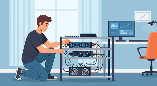 Tech enthusiast meticulously assembling cryptocurrency mining rig with multiple graphics cards and monitor displaying data