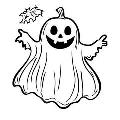 Cute Funny Halloween Vector Illustration coloring pages with pumpkins, ghosts, and bats for kids