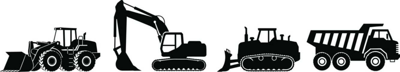 Black silhouette set of construction vehicles including tractor loader, excavator, bulldozer and dump truck, heavy machinery equipment illustration