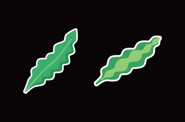 Green Sea Vegetable Leaf Sticker Vector Set: Wavy Seaweed or Kelp in Flat Design with White Outline for Marine and Healthy Food Themes