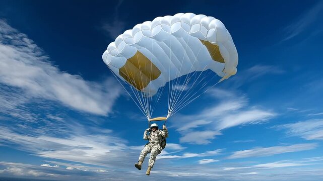 Overhead angle showing faceless jumper with detailed parachute canopy fully deployed in open sky, with copy space