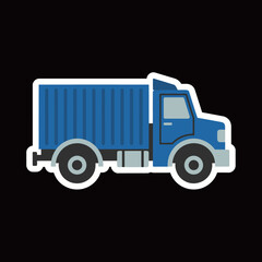 Blue Shipping Container Truck Sticker Vector: Heavy Freight Vehicle with Cargo Box in Flat Design for Logistics, Transportation, and Supply Chain