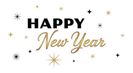 Happy new year text with golden and black stars and sparkles, isolated on