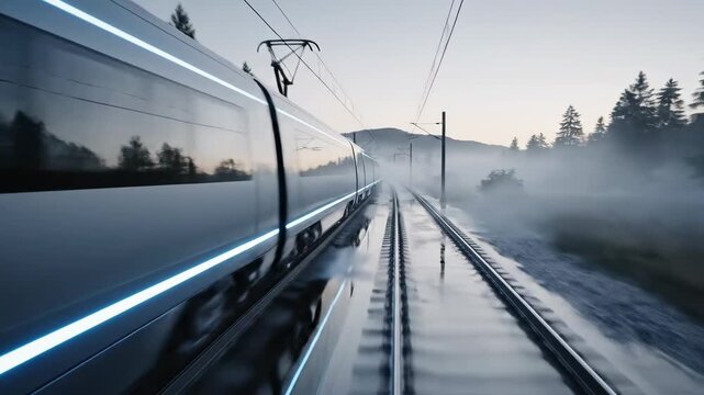 High-Speed Bullet Train Traveling Through Forested Landscape at Dawn
