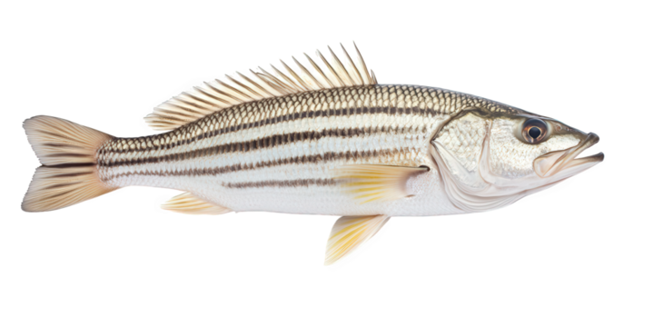 Stripped bass isolated on transparent background, a popular game fish with distinctive stripes, found along the atlantic coast, known for its delicious flavor and firm texture