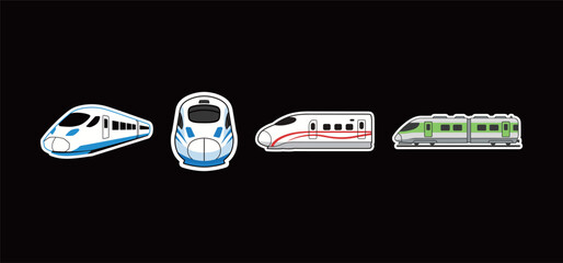 High-Speed Bullet Train Sticker Collection Vector: Modern Rail Transport Icons in Flat Design for Speed, Travel, and Technology