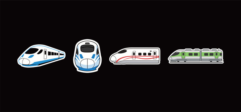 High-Speed Bullet Train Sticker Collection Vector: Modern Rail Transport Icons in Flat Design for Speed, Travel, and Technology