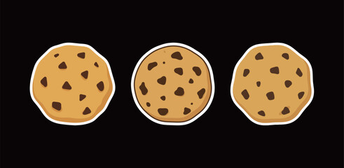 Fototapeta premium Set of Three Delicious Cartoon Chocolate Chip Cookie Stickers. Simple Flat Vector Illustration of Sweet Dessert Pastry for Food Design, Menu, Decoration, and Baking Concepts.