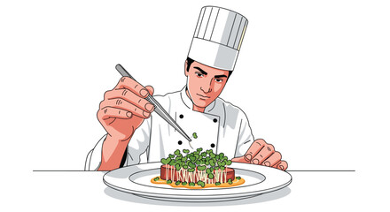 Master chef meticulously garnishes gourmet dish with fresh sprouts, showcasing culinary precision and artistry for refined dining experiences
