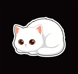 Cute Cartoon White Cat Sticker Curled Up. Simple Flat Vector Illustration of a Fluffy Kitten for Animal Lovers, Pet Design, Decoration, and Kids' Apparel.