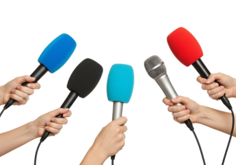 Professional Journalists Holding Microphones for Press Conference, Media Interview, News Reporting