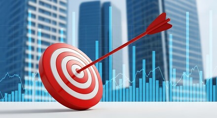 A red arrow hits the center of a red and white target in front of a financial graph and city buildings