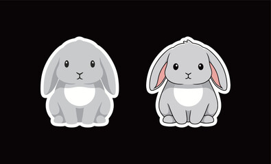 Set of Two Cute Cartoon Lop-Eared Bunny Rabbit Stickers. Simple Flat Vector Illustration of an Adorable Pet Animal for Easter, Kids' Design, and Spring Decoration.