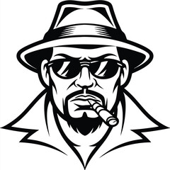 shows a stern man wearing hat and smoking cigar with sunglasses