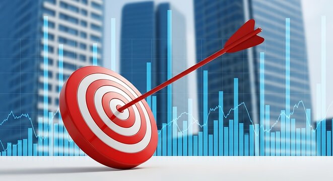 A red arrow hits the center of a red and white target in front of a financial graph and city buildings