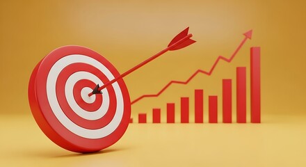 An arrow hits the center of a target with a bar graph showing growth, symbolizing business success and achievement of goals on yellow background
