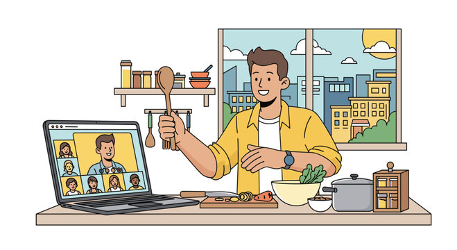 Engaging chef leads virtual cooking class from bright kitchen, connecting with diverse remote students on laptop screen