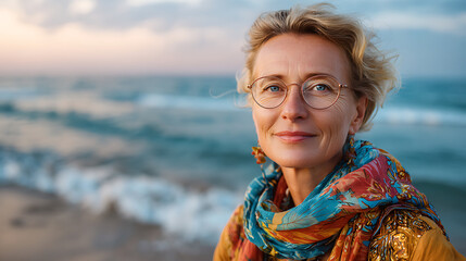 mature caucasian woman enjoying beachside moment smiling at the camera with ocean in the background representing freedom wellness and serene coastal living