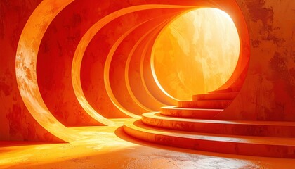 A surreal orange architectural corridor evokes modern art concepts and futuristic design trends in public spaces. The composition reflects interest in immersive spatial experiences