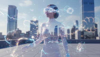Futuristic woman in virtual reality headset standing on city rooftop surrounded by holographic data and glowing digital network connections in bright daylight