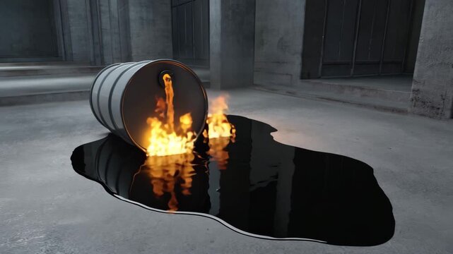 Burning Oil Spill From Metal Barrel in Industrial Setting