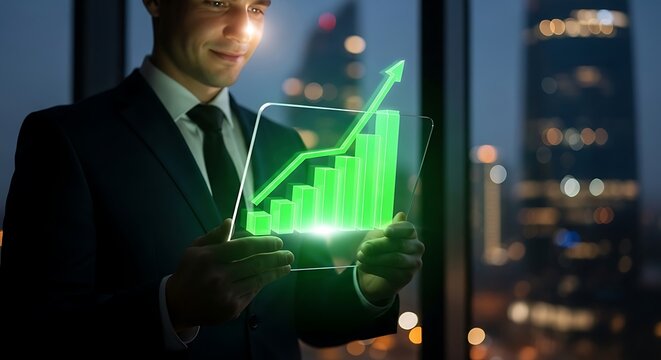 A businessman holds a holographic graph showing upward growth, set against a backdrop of city lights, symbolizing success and innovation