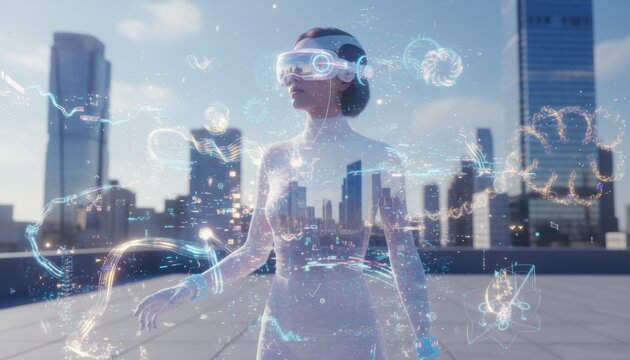 Futuristic woman in virtual reality headset standing on city rooftop surrounded by holographic data and glowing digital network connections in bright daylight