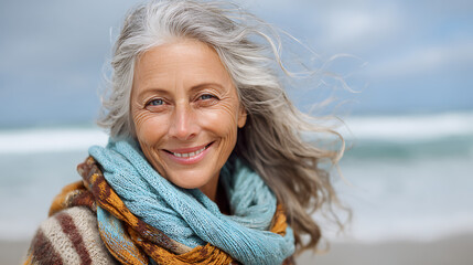 senior woman joyful and confident posing for a beach portrait with natural sunlight soft surf and open sky creating a warm inviting outdoor scene
