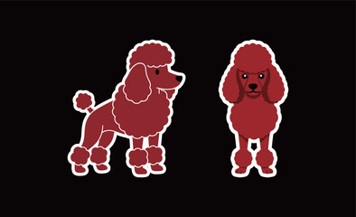 Set of Cartoon Red Poodle Dog Stickers. Flat Vector Illustration of a Pedigree Pet for Animal Lovers, Grooming, and Veterinary Concepts.