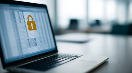 Closeup of a laptop displaying a glowing padlock icon over a spreadsheet, symbolizing cybersecurity and data protection, with a sleek modern background and copy space on the right