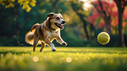 Joyful dog chasing ball autumn park HD images