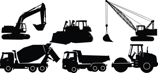 Construction vehicle silhouette set, heavy machinery equipment icons, excavator bulldozer crane truck roller illustration, industrial transportation vector graphics