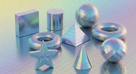 A collection of iridescent geometric shapes, including a sphere, cube, pyramid, cylinder, torus, cone, and star, arranged on a textured surface