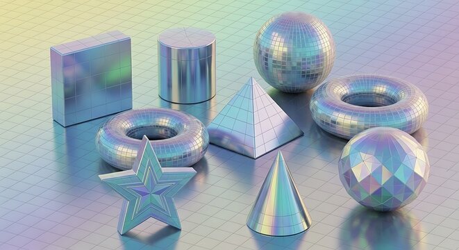 A collection of iridescent geometric shapes, including a sphere, cube, pyramid, cylinder, torus, cone, and star, arranged on a textured surface
