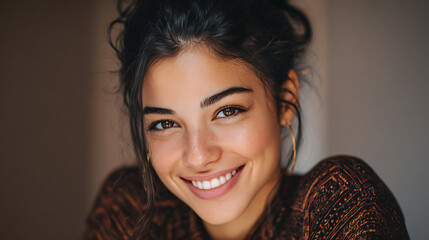 young hispanic woman with radiant smile looking directly at the camera capturing confidence happiness and modern beauty in a fresh portrait scene