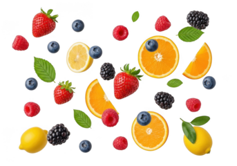 Vibrant assortment of fresh fruits including strawberries oranges lemons berries and mint leaves transparent background