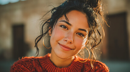 young hispanic woman with radiant smile looking directly at the camera capturing confidence happiness and modern beauty in a fresh portrait scene