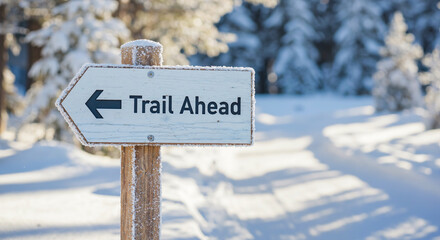 Wooden trail sign pointing left with "Trail Ahead" in snowy landscape
