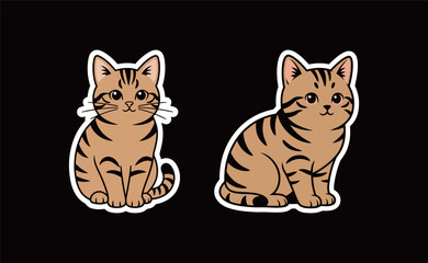 Sticker pair of two similar cute cartoon tabby cats sitting, vector illustration with a thick white outline, representing domestic pets and animal companionship.