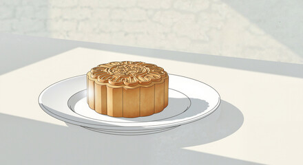 Artistic mooncake on a plate in minimalistic style with natural light creating soft shadows